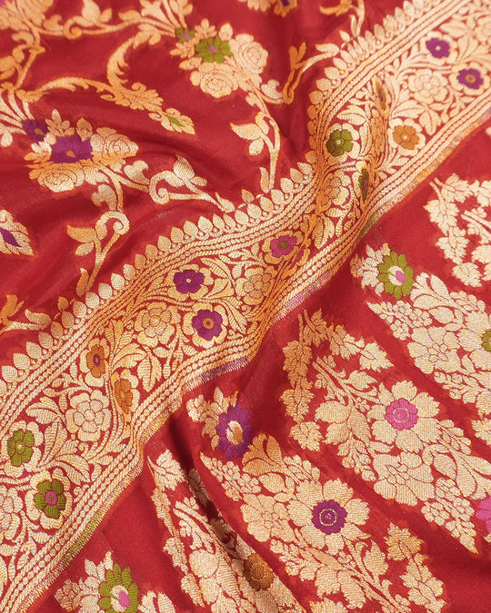 Red Pure Chiffon Saree with Florals Meenakari Jaal Weaving