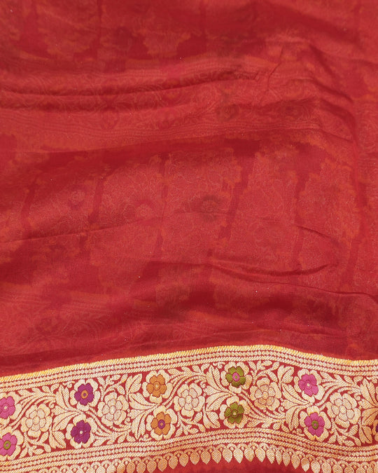 Red Pure Chiffon Saree with Florals Meenakari Jaal Weaving