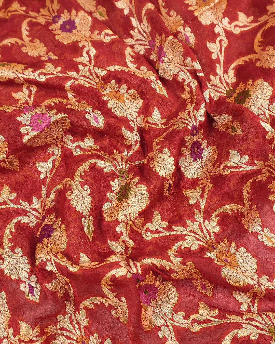 Red Pure Chiffon Saree with Florals Meenakari Jaal Weaving
