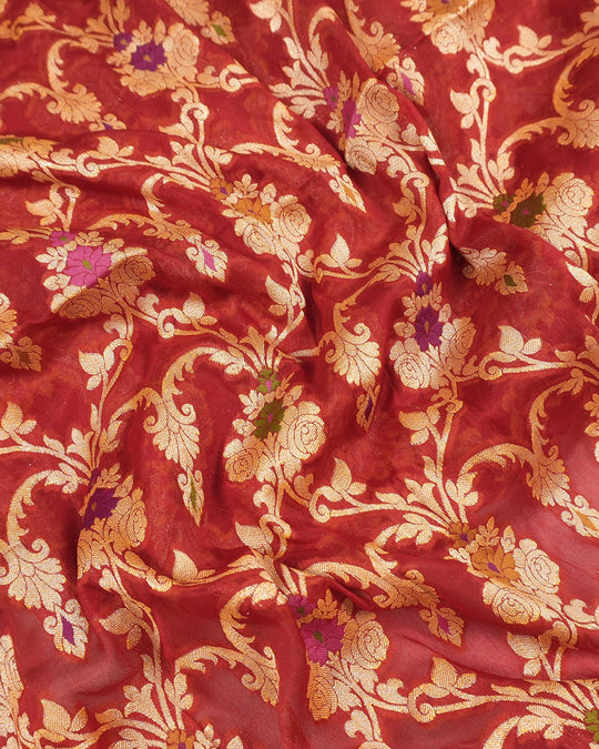 Red Pure Chiffon Saree with Florals Meenakari Jaal Weaving