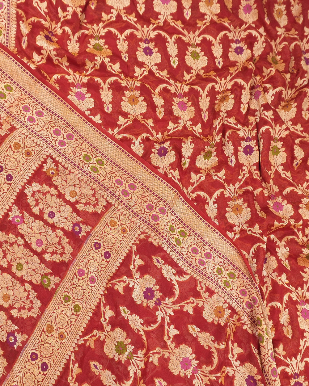 Red Pure Chiffon Saree with Florals Meenakari Jaal Weaving