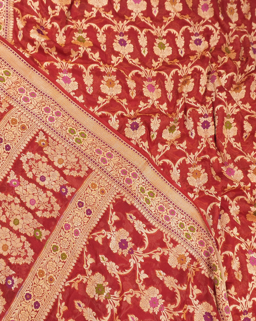 Red Pure Chiffon Saree with Florals Meenakari Jaal Weaving