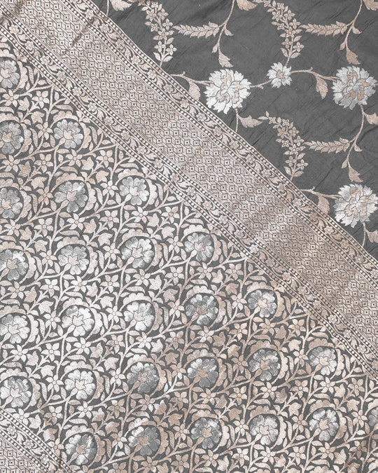 Moonstone Grey Pure Katan Saree with Heritage Meenakari Jaal Weaves