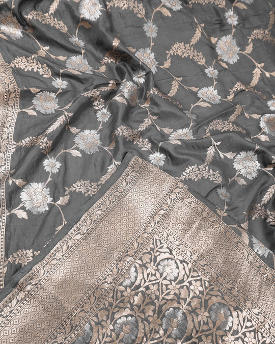 Moonstone Grey Pure Katan Saree with Heritage Meenakari Jaal Weaves