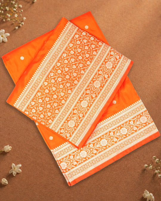 Orange Pure Katan Saree with Buti Weave and Luxurious Rich Border