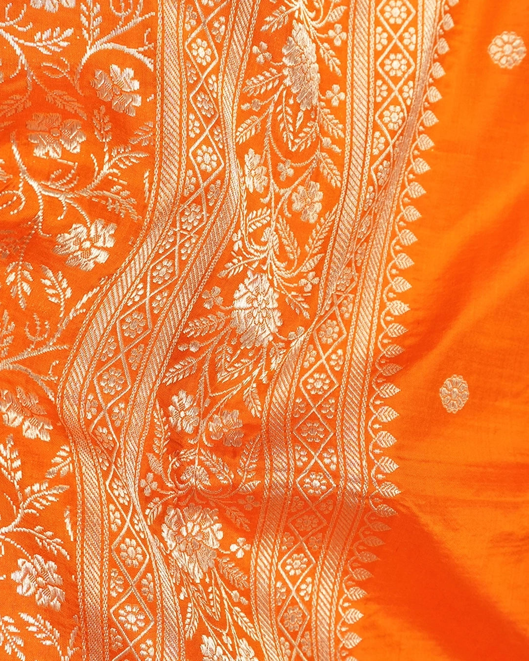 Orange Pure Katan Saree with Buti Weave and Luxurious Rich Border