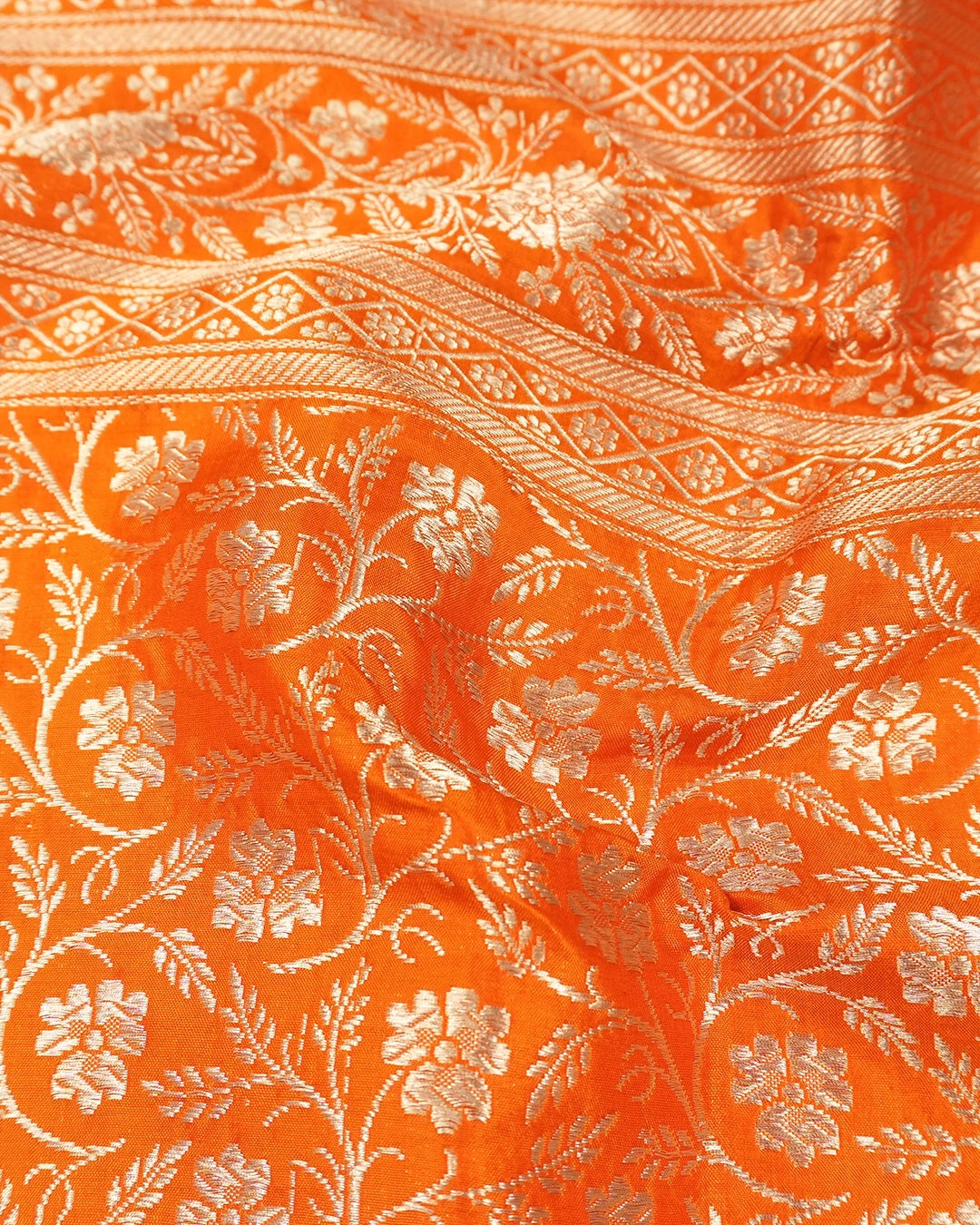 Orange Pure Katan Saree with Buti Weave and Luxurious Rich Border
