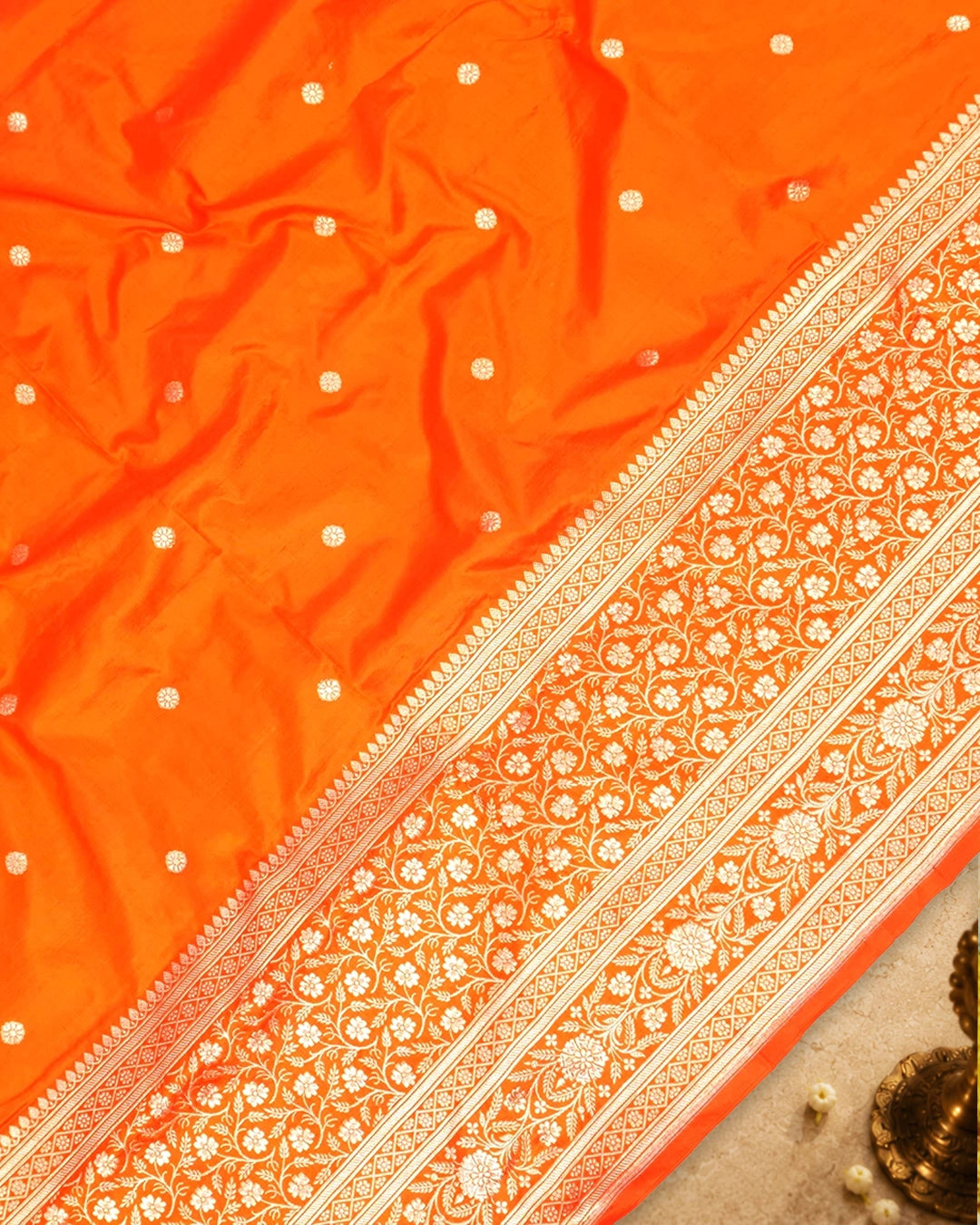 Orange Pure Katan Saree with Buti Weave and Luxurious Rich Border