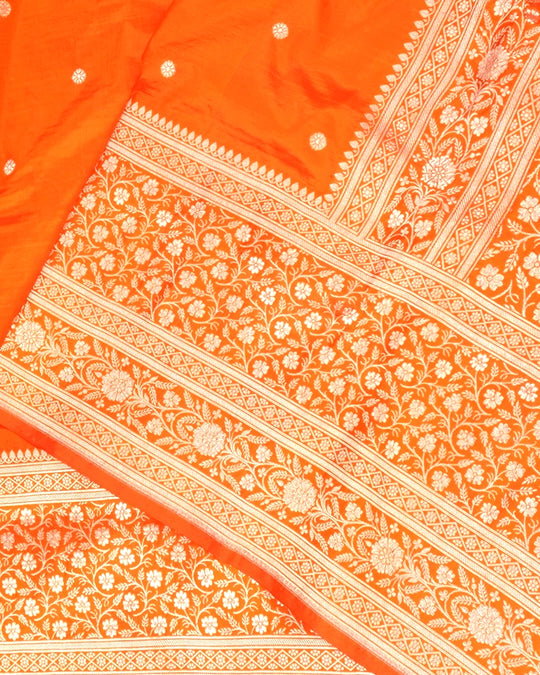 Orange Pure Katan Saree with Buti Weave and Luxurious Rich Border