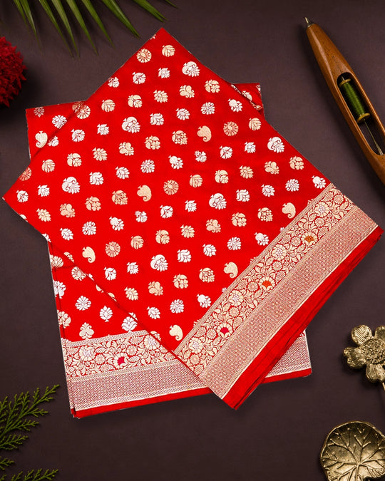 Red Pure Katan Saree with Paisley Butta and Floral Weaves
