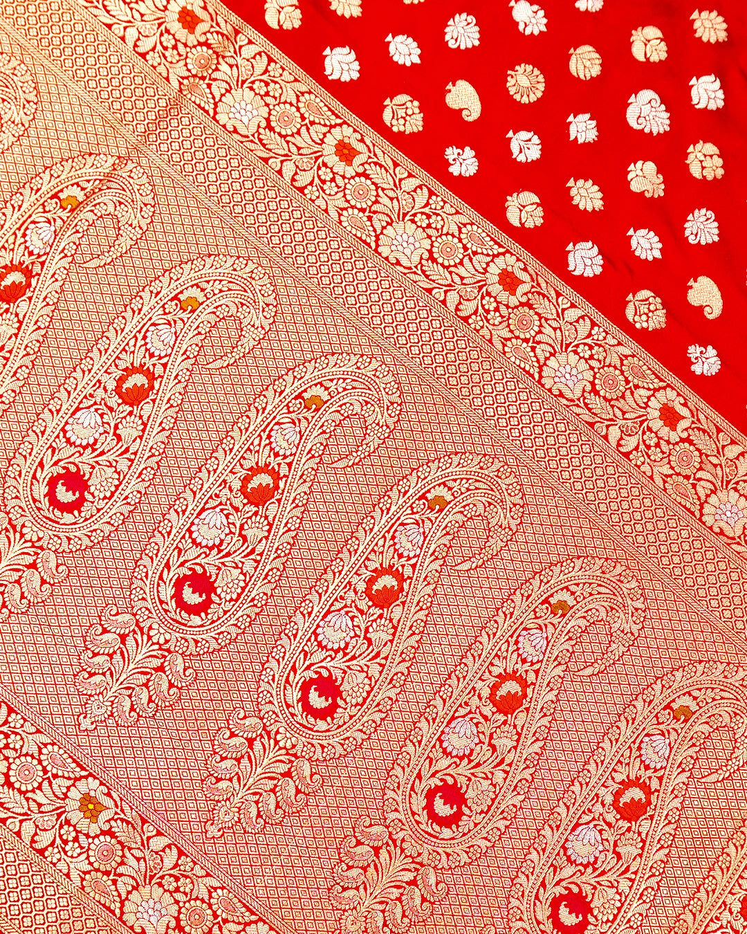 Red Pure Katan Saree with Paisley Butta and Floral Weaves