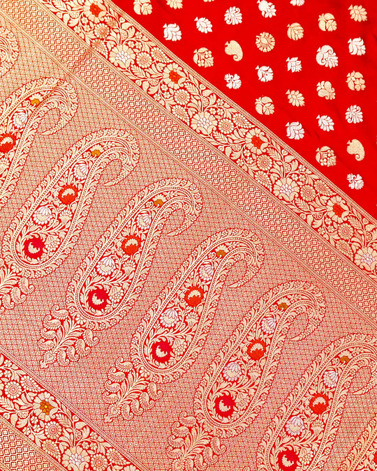 Red Pure Katan Saree with Paisley Butta and Floral Weaves