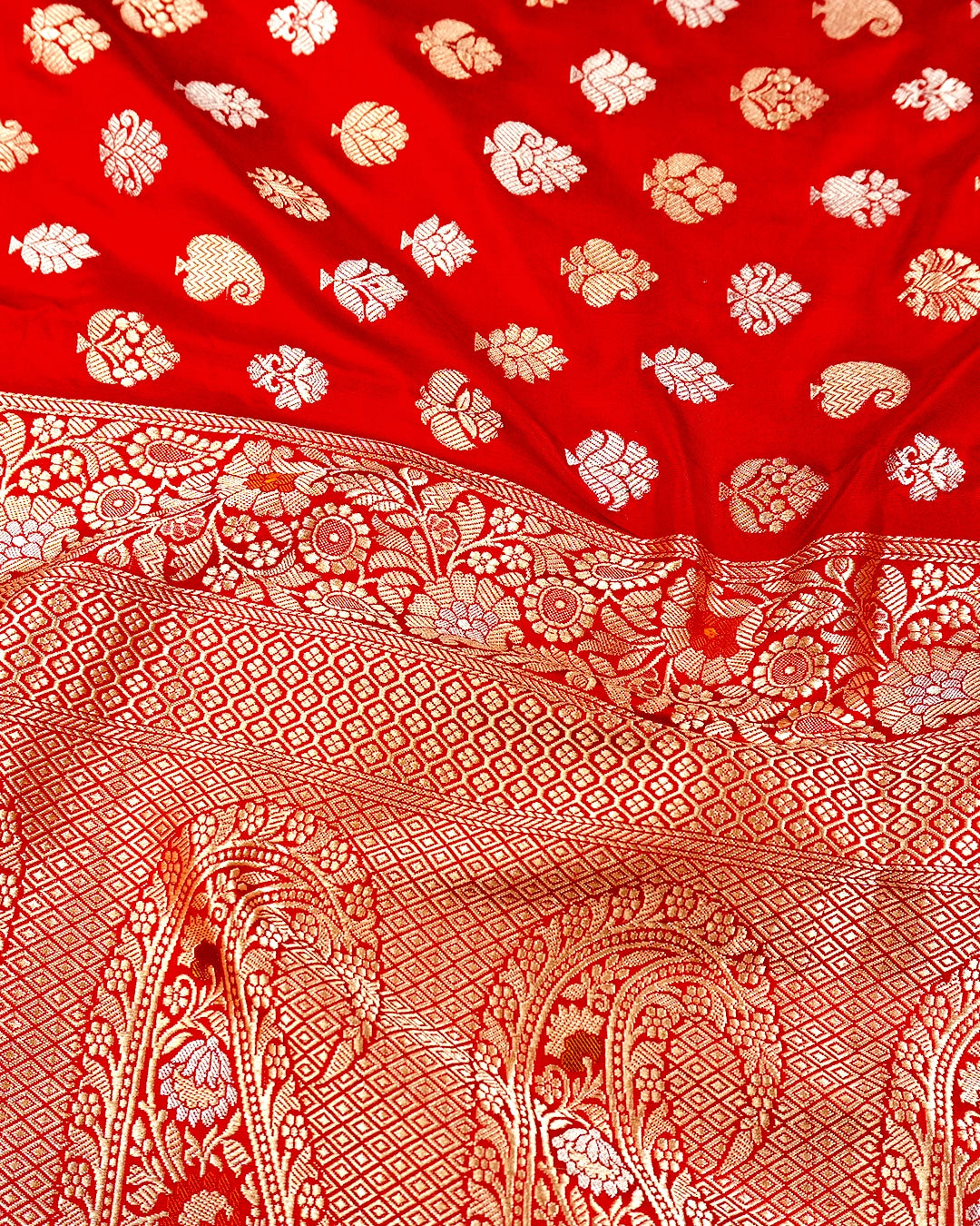 Red Pure Katan Saree with Paisley Butta and Floral Weaves