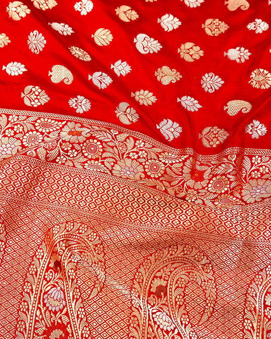 Red Pure Katan Saree with Paisley Butta and Floral Weaves