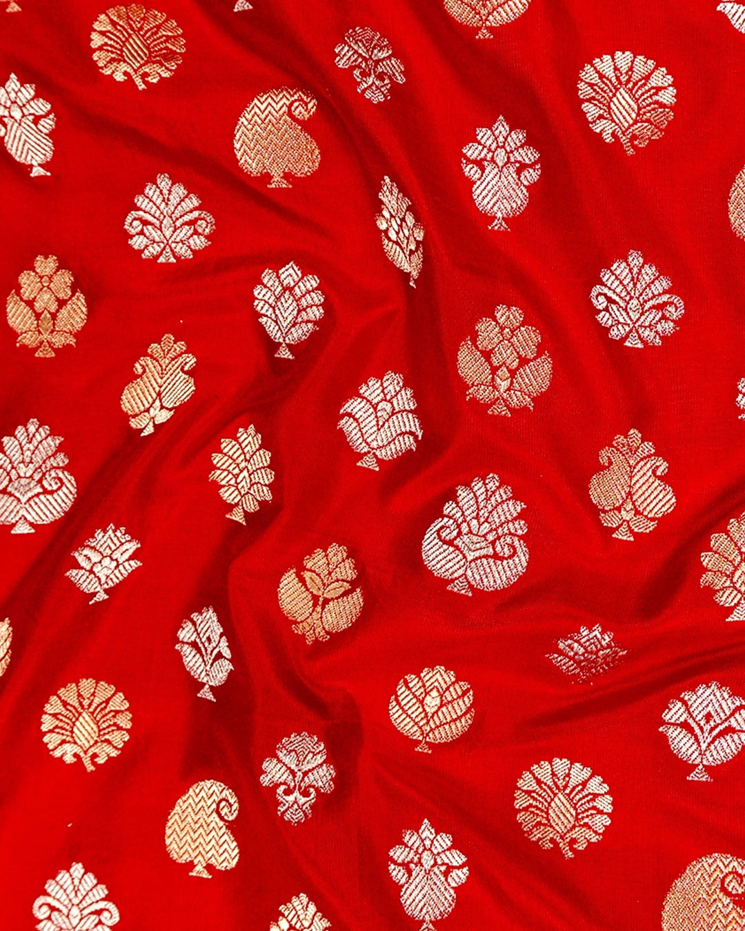 Red Pure Katan Saree with Paisley Butta and Floral Weaves