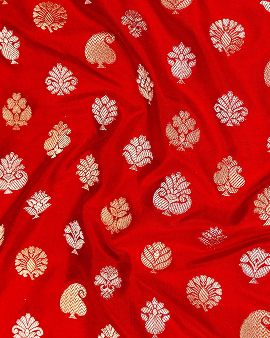 Red Pure Katan Saree with Paisley Butta and Floral Weaves