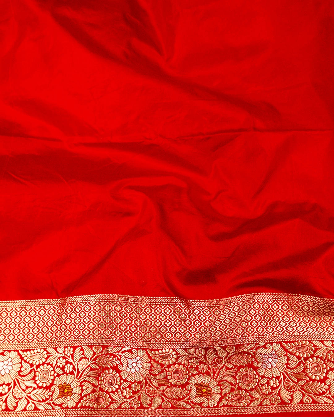 Red Pure Katan Saree with Paisley Butta and Floral Weaves
