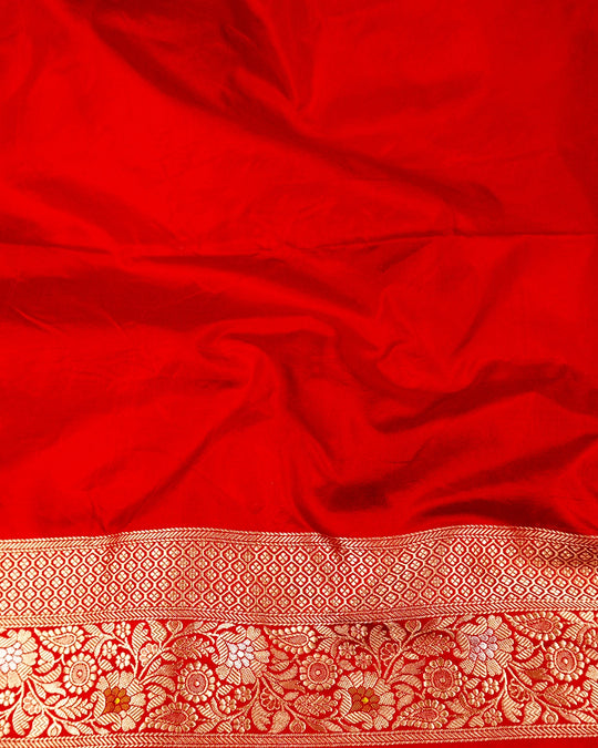 Red Pure Katan Saree with Paisley Butta and Floral Weaves