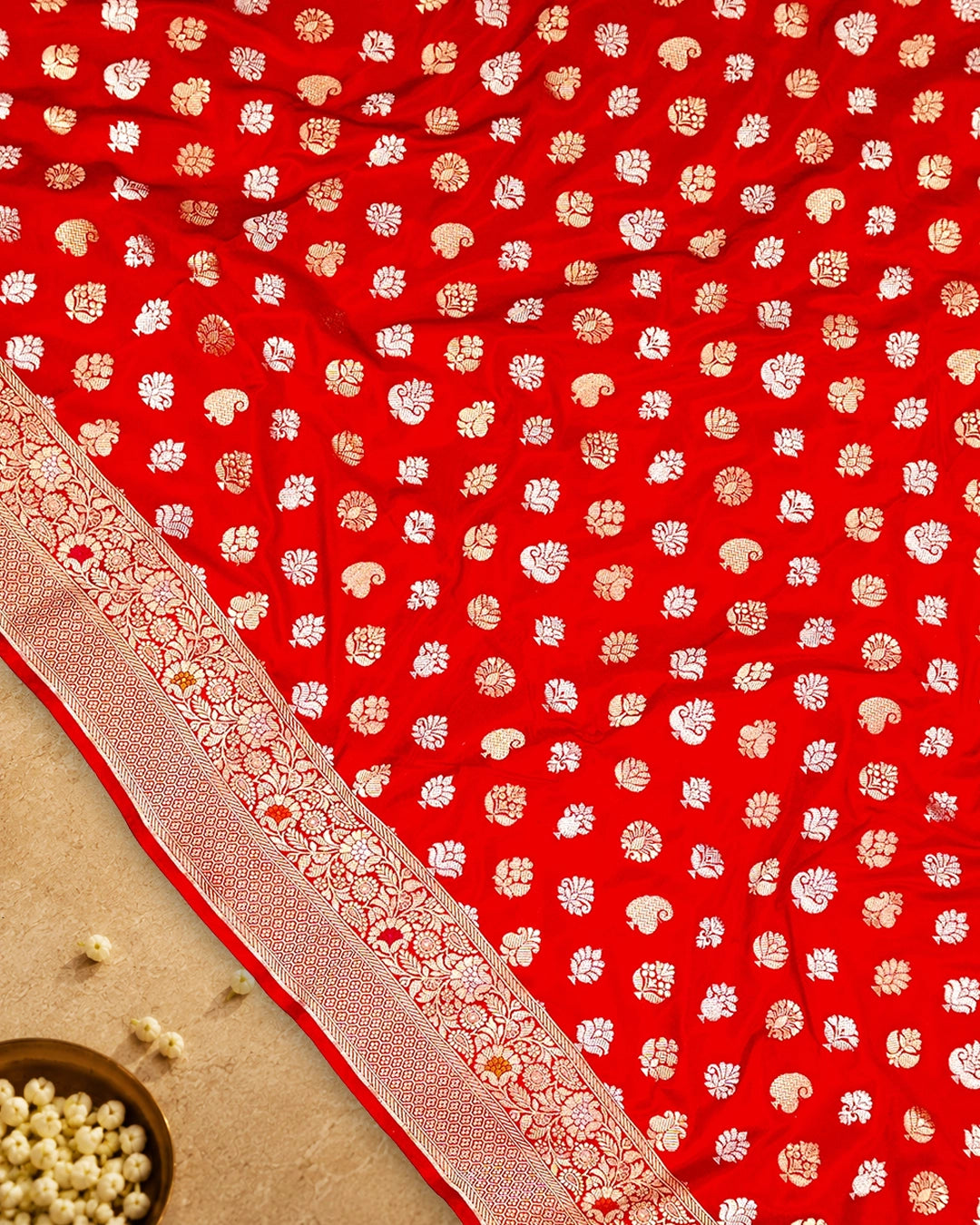 Red Pure Katan Saree with Paisley Butta and Floral Weaves