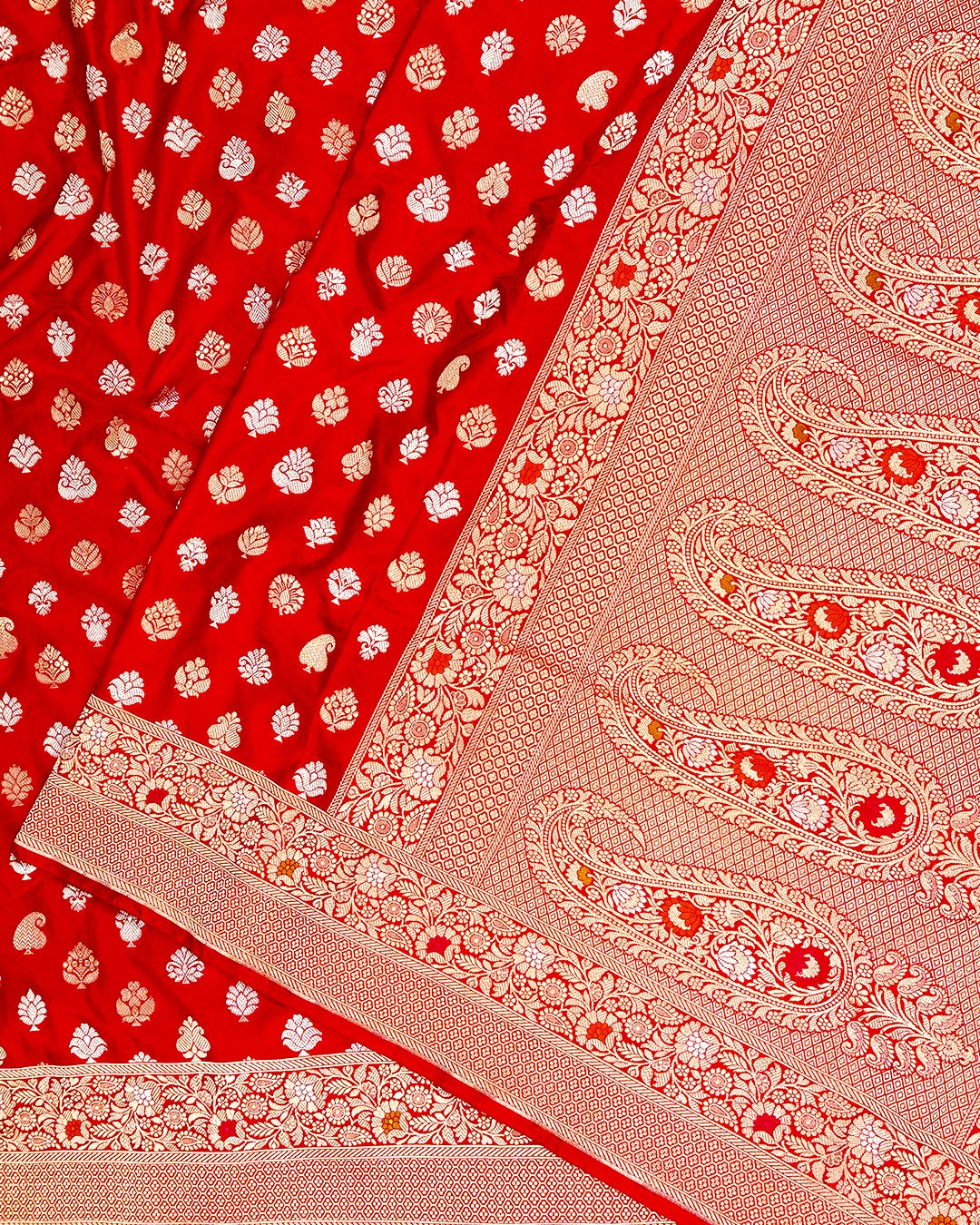 Red Pure Katan Saree with Paisley Butta and Floral Weaves