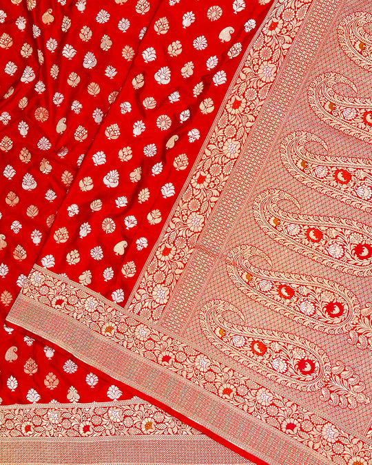 Red Pure Katan Saree with Paisley Butta and Floral Weaves