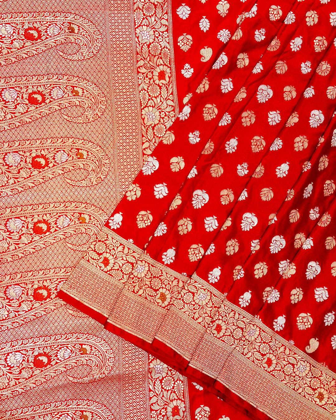 Red Pure Katan Saree with Paisley Butta and Floral Weaves