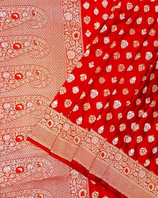 Red Pure Katan Saree with Paisley Butta and Floral Weaves