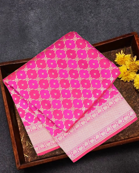 Pink Pure Katan Saree with Floral Diamond Motif Weaves