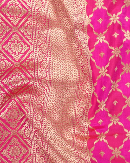 Pink Pure Katan Saree with Floral Diamond Motif Weaves