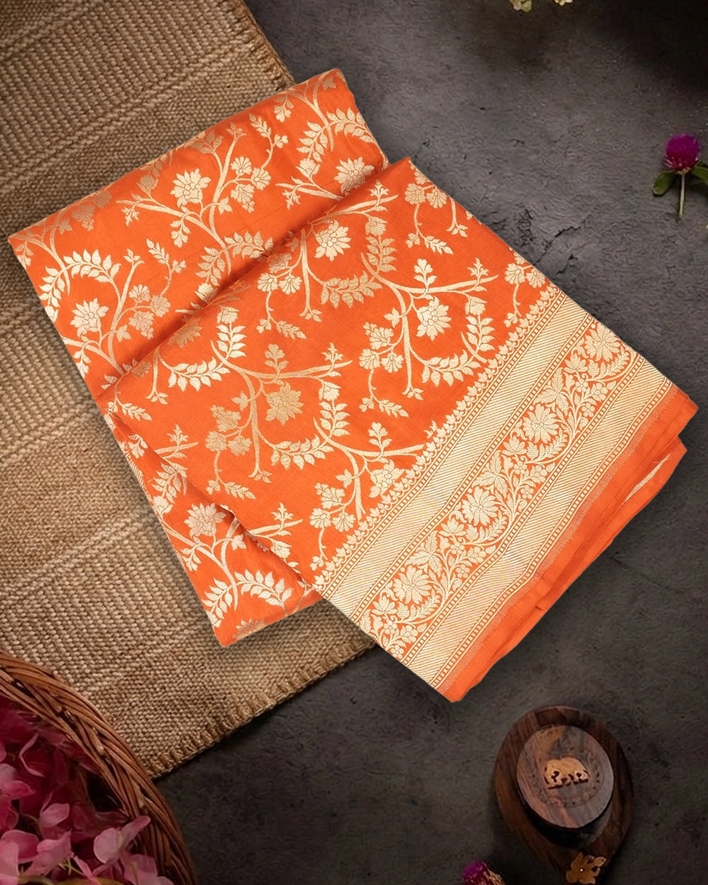 Orange Pure Katan Saree with Floral Vine Jaal Weaving