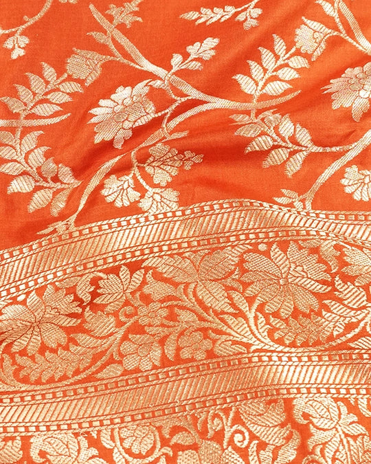 Orange Pure Katan Saree with Floral Vine Jaal Weaving