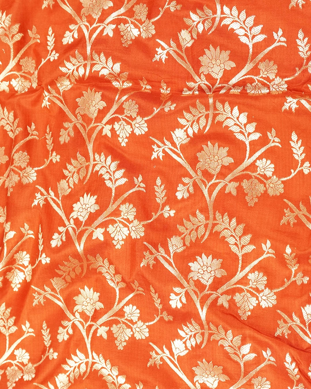 Orange Pure Katan Saree with Floral Vine Jaal Weaving
