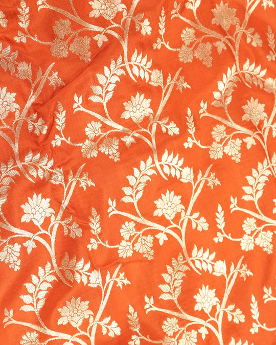 Orange Pure Katan Saree with Floral Vine Jaal Weaving