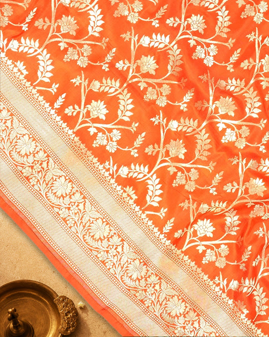 Orange Pure Katan Saree with Floral Vine Jaal Weaving