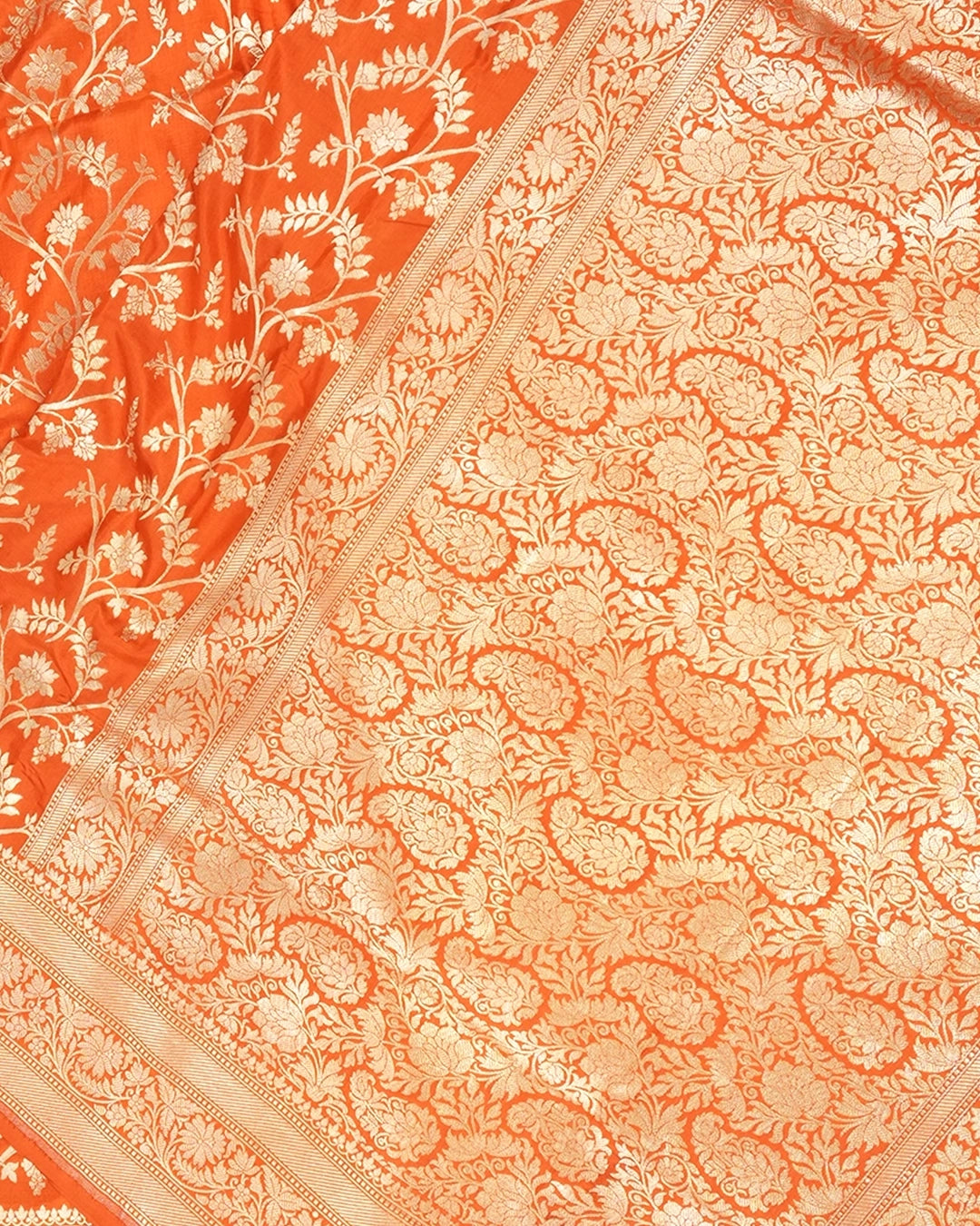 Orange Pure Katan Saree with Floral Vine Jaal Weaving