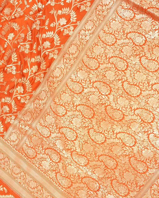 Orange Pure Katan Saree with Floral Vine Jaal Weaving