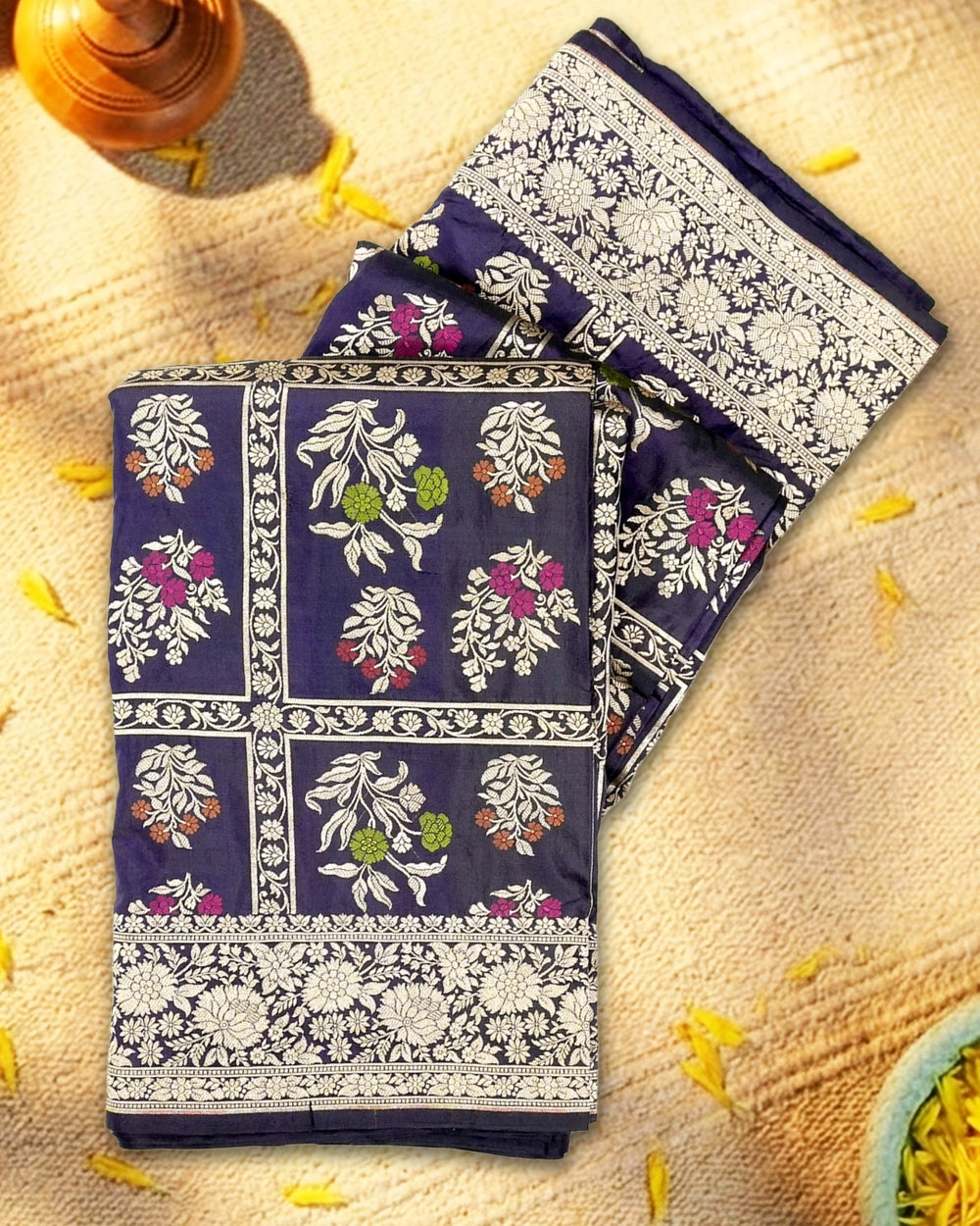 Navy Blue Pure Katan Saree with Meenakari Floral Weaves