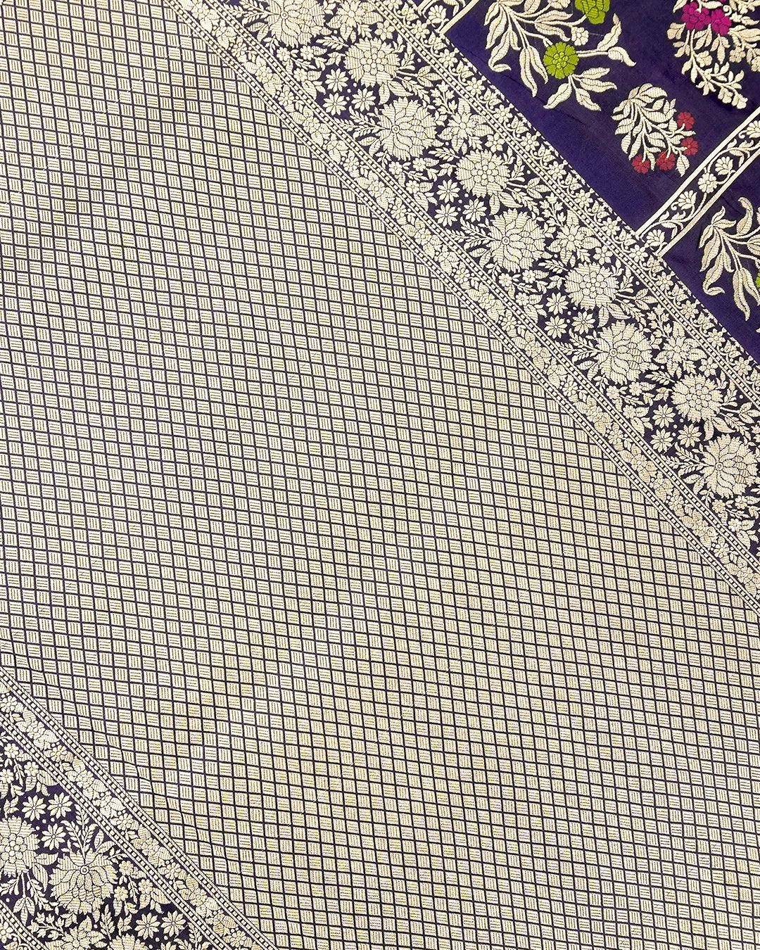 Navy Blue Pure Katan Saree with Meenakari Floral Weaves