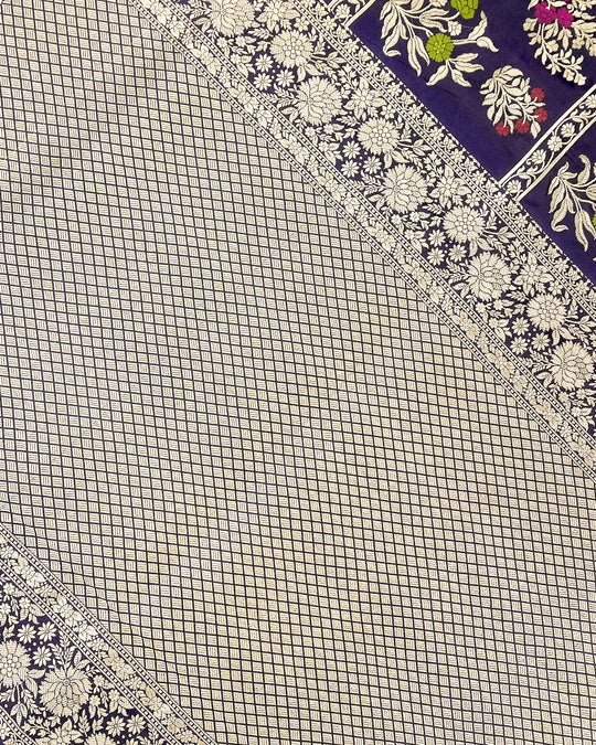 Navy Blue Pure Katan Saree with Meenakari Floral Weaves