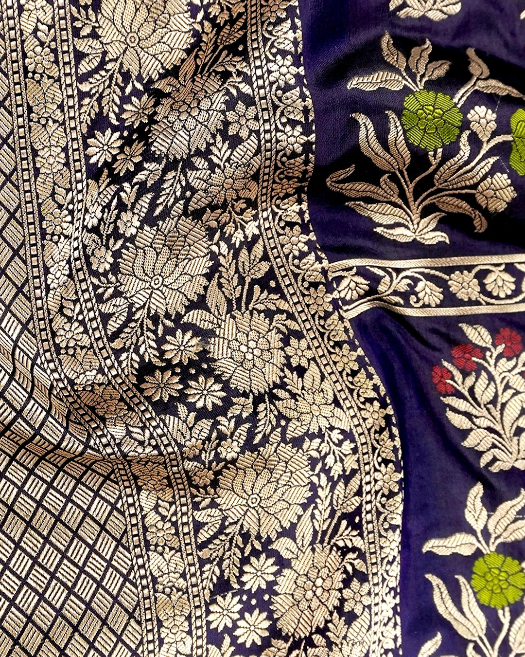 Navy Blue Pure Katan Saree with Meenakari Floral Weaves