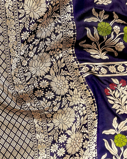 Navy Blue Pure Katan Saree with Meenakari Floral Weaves