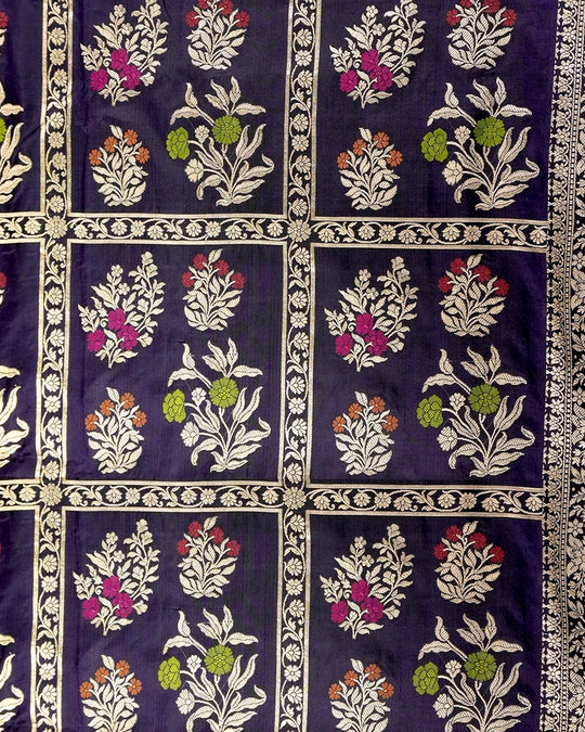 Navy Blue Pure Katan Saree with Meenakari Floral Weaves
