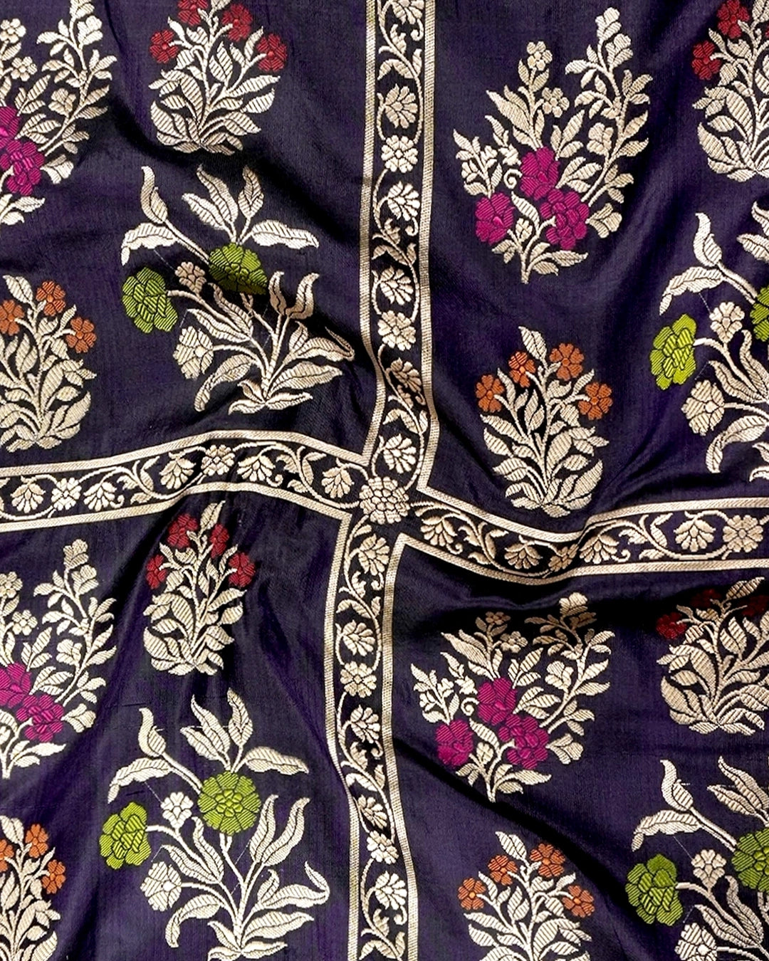 Navy Blue Pure Katan Saree with Meenakari Floral Weaves