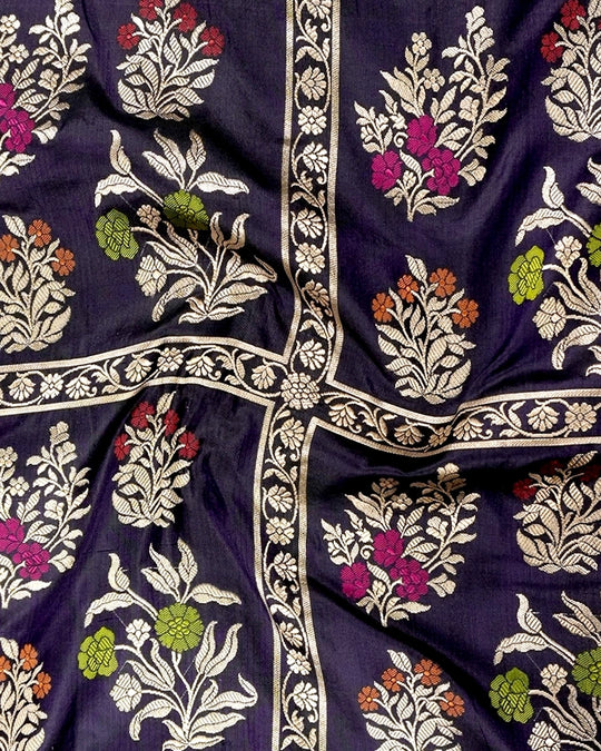 Navy Blue Pure Katan Saree with Meenakari Floral Weaves