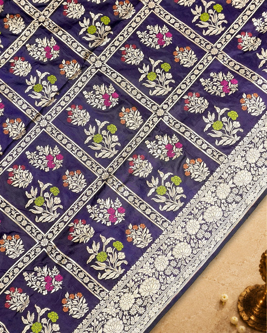Navy Blue Pure Katan Saree with Meenakari Floral Weaves