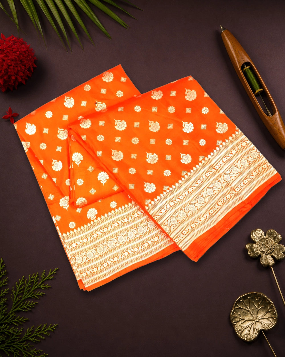 Orange Pure Katan Saree with Floral Butidar Weaves