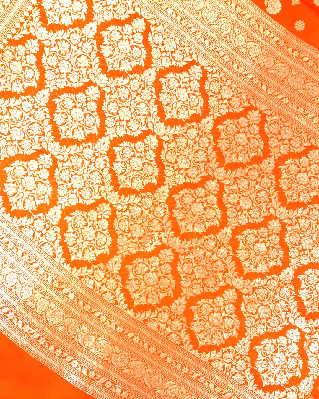 Orange Pure Katan Saree with Floral Butidar Weaves