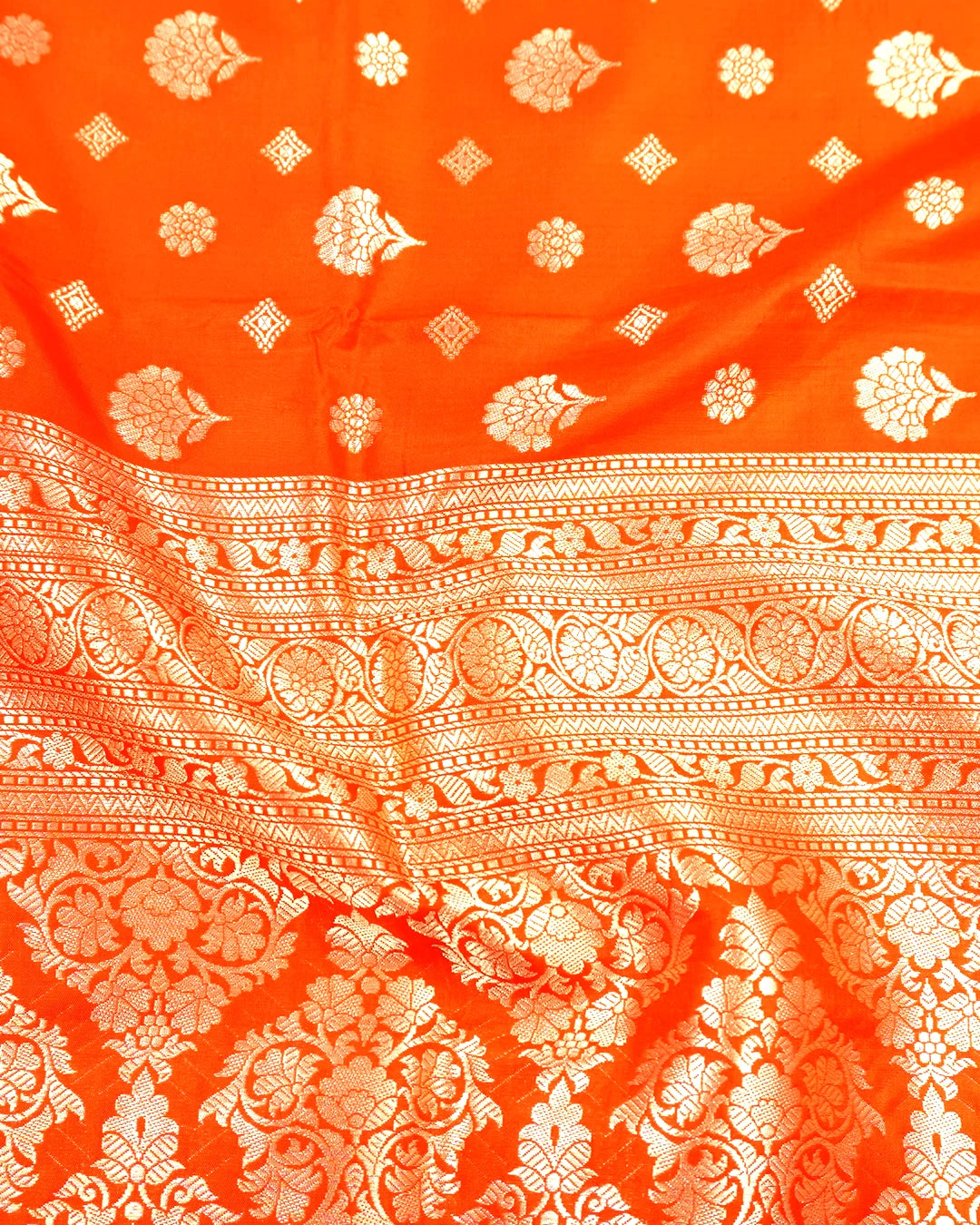 Orange Pure Katan Saree with Floral Butidar Weaves