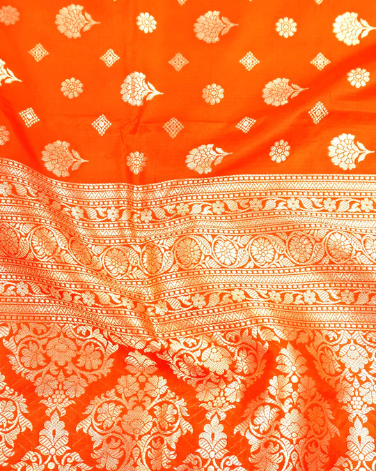 Orange Pure Katan Saree with Floral Butidar Weaves