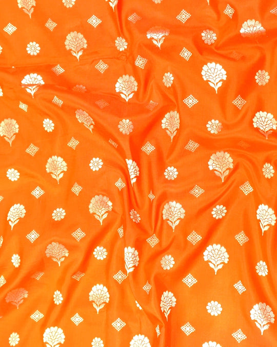 Orange Pure Katan Saree with Floral Butidar Weaves